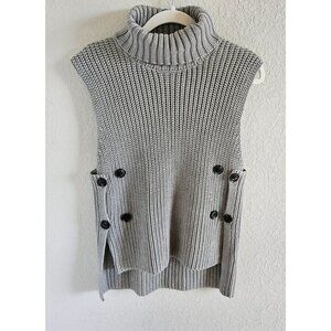 ZARA Woman SZ L Grey Chunky Vest with Turtle Neck Button Accent Adjustable Boho